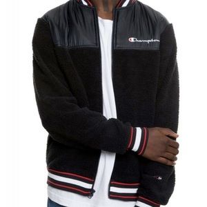 Like New Champion Sherpa Fleece Baseball Bomber Jacket Black Red Varsity Jacket